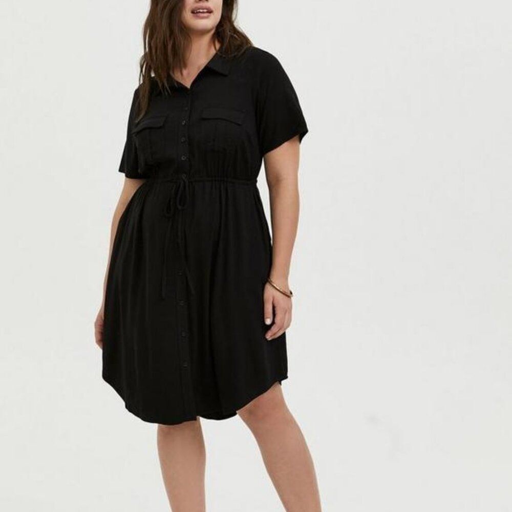 Torrid Size 00 Medium Black Mini Twill Short Sleeve Drawstring Shirt Dress